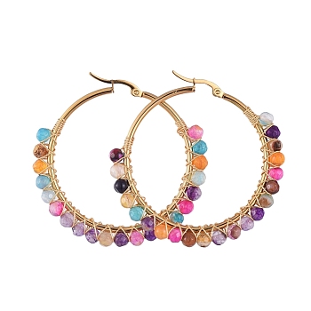 Beaded Hoop Earrings, with with Natural Agate Beads, Golden Plated 304 Stainless Steel Hoop Earrings and Cardboard Packing Box, 50mm, Pin: 0.6x1mm