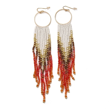 Bohemia Woven Glass Seed Bead Dangle Earrings, Tassel Chandelier Iron Earrings for Women, Red, 145~150mm