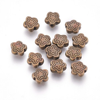 Tibetan Style Alloy Beads, Lead Free & Nickel Free & Cadmium Free, Antique Bronze Color, Flower, Great for Mother's Day Gifts making, about 7mm long, 7mm wide, 2.5mm thick, hole: 1.5mm