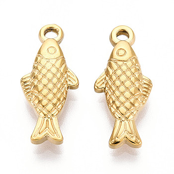 304 Stainless Steel Pendants, Fish Charm, Ion Plating(IP), Real 18K Gold Plated, 21x9x4mm, Hole: 1.5~1.8mm