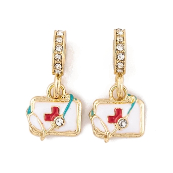 Rack Plating Alloy Crystal Rhinestone European Dangle Charms, Medicine Chest Large Hole Pendants with White Enamel, Golden, 24.5mm, Box: 12x12x3mm, Hole: 4.5mm