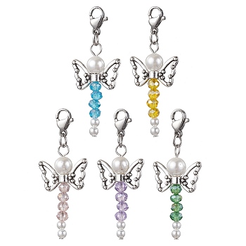 Glass & Round Shell Pearl Bead Angel Pendant Decorations, Tibetan Style Butterfly Alloy Beads and 304 Stainless Steel Findings, Mixed Color, 46mm