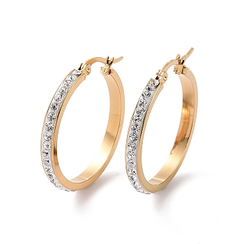 304 Stainless Steel Hoop Earrings, with Polymer Clay and Rhinestone, Ring, Golden, Crystal, 30x29x3.5mm
