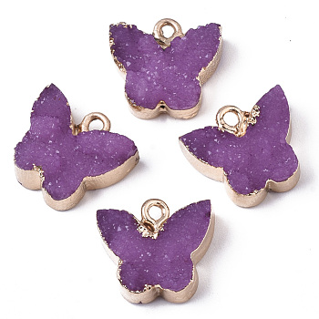 Druzy Resin Pendants, with Edge Light Gold Plated Iron Loops, Butterfly, Orchid, 14.5x16x6.5mm, Hole: 1.8mm