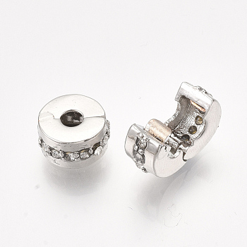 Alloy European Clasps, Large Hole Beads, with Rhinestone, Flat Round, Platinum, Crystal, 10.5x6mm, Hole: 3mm