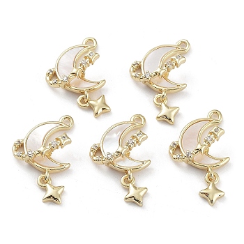 Brass Cubic Zirconia Pendants, with Shell, Moon, Real 18K Gold Plated, 25x14x6mm, Hole: 1.5mm