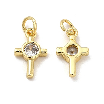 Brass Micro Pave Cubic Zirconia Charms, Religion Cross Charm, with Jump Ring, Golden, 14x8.5x3mm, Hole: 3.3mm