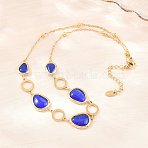 304 Stainless Steel Blue Glass Teardrop Ring Link Chian Necklaces for Women, Ion Plating(IP), Golden, 16.14 inch(41cm)(NJEW-D326-03G)