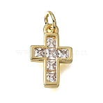 Brass Pave Cubic Zirconia Pendants, Cross Charms, Rack Plating, Long-Lasting Plated, Cadmium Free & Lead Free, Golden, Clear, 15x9x2mm, Hole: 3.5mm(CU-CBA637A-04G-B)