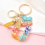 Resin Keychain, with Faux Suede Tassel Pendant & Alloy Clasps & Iron Rings, Letter U, 10cm(KEYC-YW00120-21)