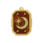 304 Stainless Steel Enamel Pendants, Rectangle with Moon Charms, with Rhinestone, Ion Plating(IP), Real 18K Gold Plated, Red, 29x20mm(STAS-OY004-76G)