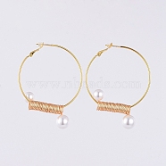 (Jewelry Parties Factory Sale)Brass Hoop Earrings, with ABS Plastic Imitation Pearl Beads, Copper Wire and Cardboard Packing Box, Golden, 45mm, Pin: 0.6mm(EJEW-JE03939)