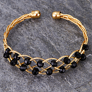 Brass Wire Wrap Cuff Bangle with Round Beaded, Real 18K Gold Plated, Inner Diameter: 2-3/8 inch(6cm)(BX4244)