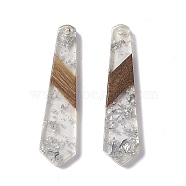 Transparent Resin & Walnut Wood Pendants, Hexagon Charms with Silver Foil, Clear, 49x12x3mm, Hole: 2mm(RESI-M027-10B)