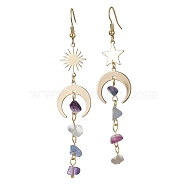 Moon & Star & Sun Brass Asymmetrical Earrings, Natural Fluorite Chips Beads Tassel Earrings, Golden, 80~86x18mm(EJEW-JE05454)