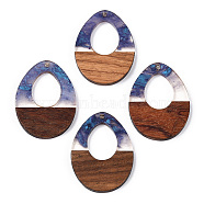 Transparent Resin & Walnut Wood Pendants, Hollow Teardrop Charms, Slate Blue, 37.5x28x3.5mm, Hole: 2mm(RESI-ZX017-47)