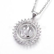 304 Stainless Steel Pendant Necklaces, with Cubic Zirconia, Flat Round with Allah, Clear, Stainless Steel Color, 17.2 inch(44.1cm), Pendant: 21.5x20.5x2.5mm(NJEW-O108-26P)