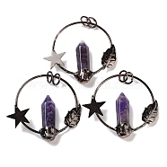 Natural Amethyst Faceted Pointed Bullet Big Pendants, Brass Ring Charms with Star & Moon & Jump Rings, Red Copper, 47~49x52.5x9.5~10mm, Hole: 6.6mm(G-A221-01C)
