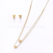 304 Stainless Steel Jewelry Sets, Stud Earrings and Pendant Tiered Necklaces, Heart, Golden, Necklace: 18.1 inch(46cm), 1.5mm, Stud Earrings: 7x8x1.2mm, Pin: 0.8mm(SJEW-O090-33G)