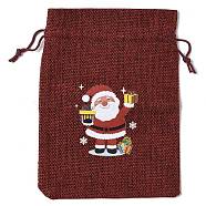 Christmas Theme Jute Cloth Storage Bags, Rectangle Drawstring Bags, FireBrick, Santa Claus, 18x13x0.4cm(ABAG-F010-01B-07)