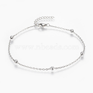304 Stainless Steel Anklets, with Lobster Claw Clasps, Round Beads and Cable Chains, Stainless Steel Color, 9 inch(230mm), 1.8mm(X-AJEW-H013-02P)