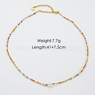 Handmade Natual Pearl & Natural Quartz & Shell Beaded Necklaces, Stainless Steel Necklace Jewelry for Women, 16.14 inch(41cm)(XL1709-13)