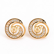 Brass Micro Pave Clear Cubic Zirconia Stud Earring Findings, for Half Drilled Bead, Nickel Free, Flat Round with Vortex, Real 18K Gold Plated, 15x13.5mm, Pin: 0.7mm, Pin: 0.7(for half drilled bead)(KK-S356-245-NF)