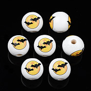 Halloween Printed Natural Wood Beads, Round with Bat, Gold, 15.5x14.5mm, Hole: 4mm(WOOD-S057-086)