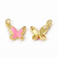 Brass Micro Pave Cubic Zirconia Pendants, with Jump Ring, Enamel Style, Butterfly Charm, Golden, Pearl Pink, 19.5x16.5x3mm, Hole: 3mm(KK-E068-VB324-1)