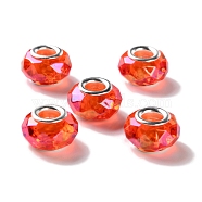 Shell Transparent Brass Cores Acrylic European Beads, Rondelle, Large Hole Bead, Faceted, Silver, Orange Red, 15x9mm, Hole: 5mm(OACR-M024-08S-08)