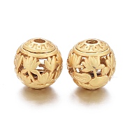 Brass Beads, Long-Lasting Plated, Matte Style, Hollow, Round with Lotus, Matte Gold Color, 8x8mm, Hole: 1.6mm(KK-K244-24MG)