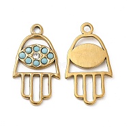 Vacuum Plating 201 Stainless Steel with Rhinestone Pendants, Hamsa Hand with Evil Eye Charm, Real 18K Gold Plated, 25x13.5x2mm, Hole: 1.8mm(STAS-J401-VC826)