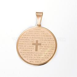304 Stainless Steel Flat Round with Word Lord's Prayer Cross Pendants, Golden, 33x30x1.5mm, Hole: 5x9mm(STAS-P085-25)