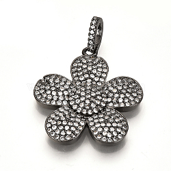 Brass Micro Pave Cubic Zirconia Pendants, Flower, Clear, Gunmetal, 28x25x4mm, Hole: 3x6mm(ZIRC-T004-17B)