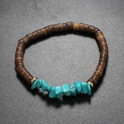 Synthetic Turquoise Chips & Coconut Disc Beaded Stretch Bracelet, Bohemian Wristband for Women, (UM3945-1)