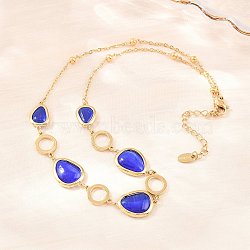 304 Stainless Steel Blue Glass Teardrop Ring Link Chian Necklaces for Women, Ion Plating(IP), Golden, 16.14 inch(41cm)(NJEW-D326-03G)
