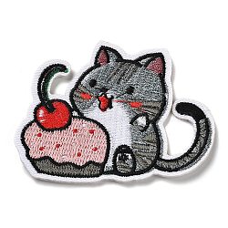 Cat with Strawberry Cake Appliques, Computerized Embroidery Cloth Iron on/Sew on Patches, Costume Accessories, Gray, 59x73x1.5mm(DIY-D080-17)