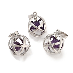 Natural Amethyst Round Ball Pendants, Rack Plating Platinum Tone Brass Oval Charms, Cadmium Free & Lead Free, 21x16x18mm, Hole: 6.5x5mm(G-Q163-05P-01)