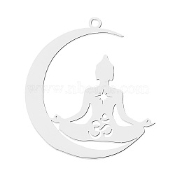 201 Stainless Steel Pendants, Laser Cut, Moon with Yoga, Stainless Steel Color, 32x29.5x1mm, Hole: 1.6mm(STAS-S105-LA754-1)