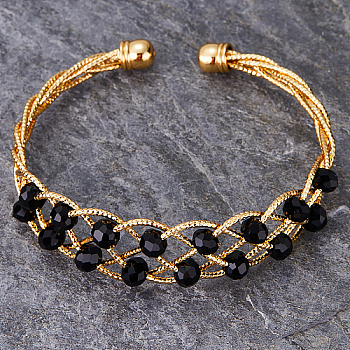 Brass Wire Wrap Cuff Bangle with Round Beaded, Real 18K Gold Plated, Inner Diameter: 2-3/8 inch(6cm)