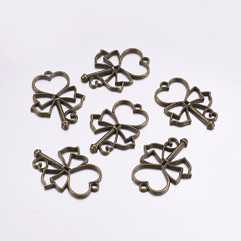 Tibetan Style Alloy Open Back Bezel Pendants, For DIY UV Resin, Epoxy Resin, Pressed Flower Jewelry, Key with Heart, Antique Bronze, 38.5x29.5x3.5mm, Hole: 3mm