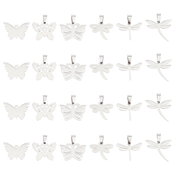 Unicraftale 24Pcs 6 Style 304 Stainless Steel Stamping Blank Tag Pendants, Butterfly & dragonfly, Stainless Steel Color, 4pcs/style