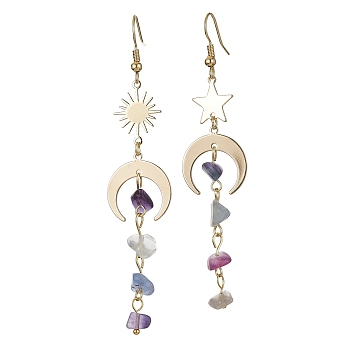 Moon & Star & Sun Brass Asymmetrical Earrings, Natural Fluorite Chips Beads Tassel Earrings, Golden, 80~86x18mm