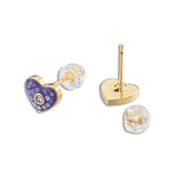 Natural Shell & Enamel Heart Stud Earrings with Cubic Zirconia, Golden Brass Jewelry for Women, Nickel Free, Slate Blue, 7.5x8.5mm, Pin: 0.7mm