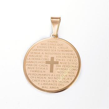 304 Stainless Steel Flat Round with Word Lord's Prayer Cross Pendants, Golden, 33x30x1.5mm, Hole: 5x9mm