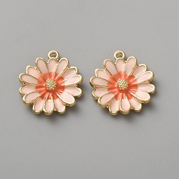 Alloy Enamel Pendants, Golden, Flower, Light Salmon, 27.5x24x4mm, Hole: 2mm