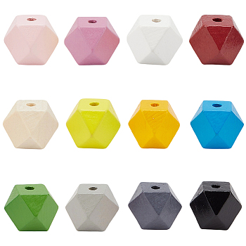 36Pcs 12 Colors Wood Beads, Octagon, Mixed Color, 16mm, Hole: 3mm, 3pcs/color