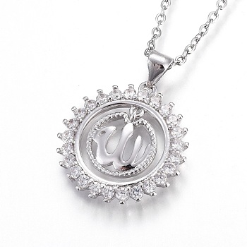 304 Stainless Steel Pendant Necklaces, with Cubic Zirconia, Flat Round with Allah, Clear, Stainless Steel Color, 17.2 inch(44.1cm), Pendant: 21.5x20.5x2.5mm