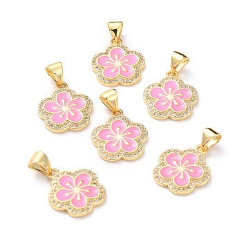 Brass Micro Pave Cubic Zirconia Pendants, Real 18K Gold Plated, Long-Lasting Plated, Flower, Hot Pink, 16x13.5x1.5mm, Hole: 5x3mm