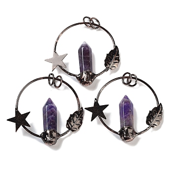 Natural Amethyst Faceted Pointed Bullet Big Pendants, Brass Ring Charms with Star & Moon & Jump Rings, Red Copper, 47~49x52.5x9.5~10mm, Hole: 6.6mm